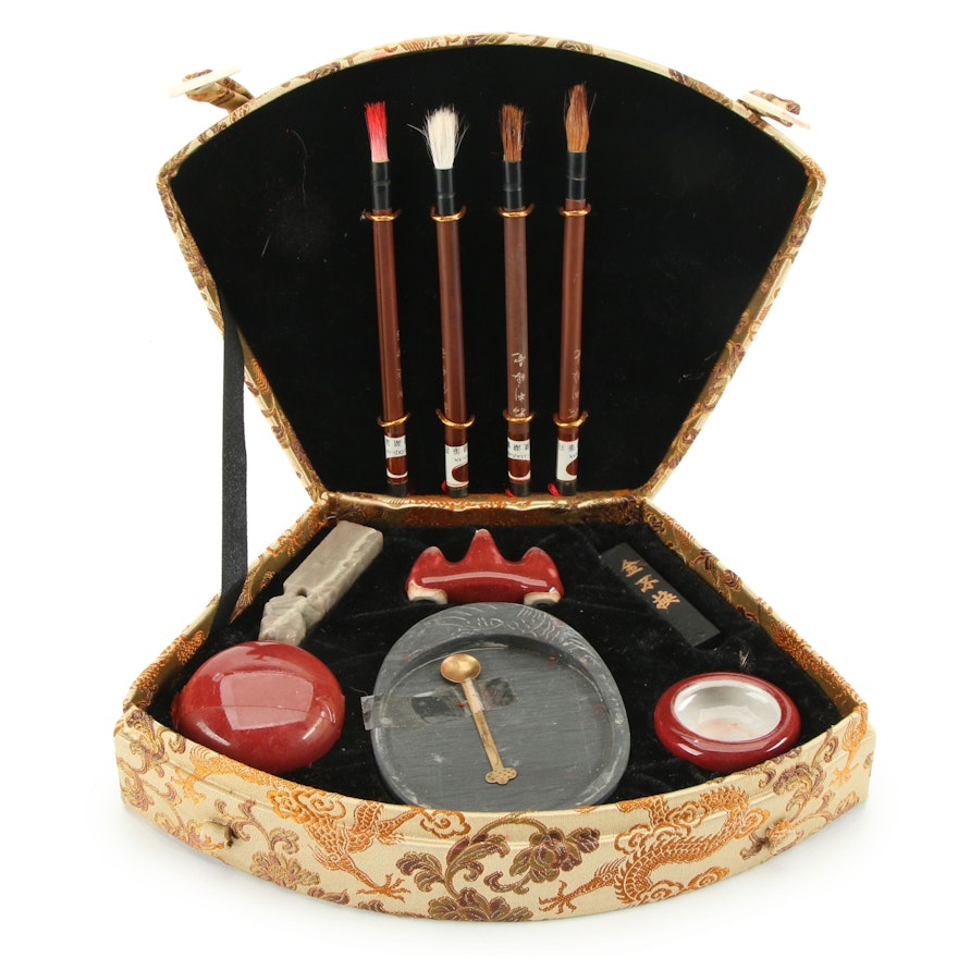 Chinese Calligraphy Writing Set in Case, Late 20th Century