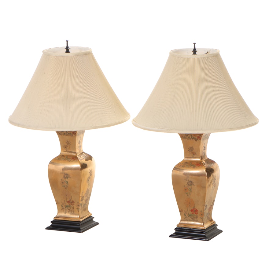 Pair of Gilt and Floral Decorated Ceramic Table Lamps