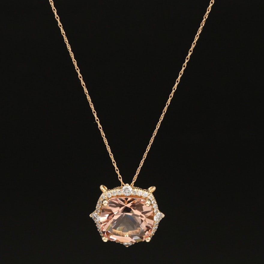 14K Morganite Pendant Necklace with Diamond Halo