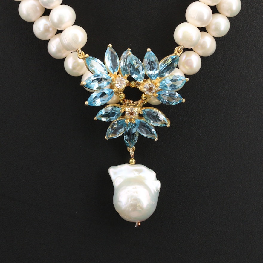 Sterling Silver Pearl and Topaz Necklace