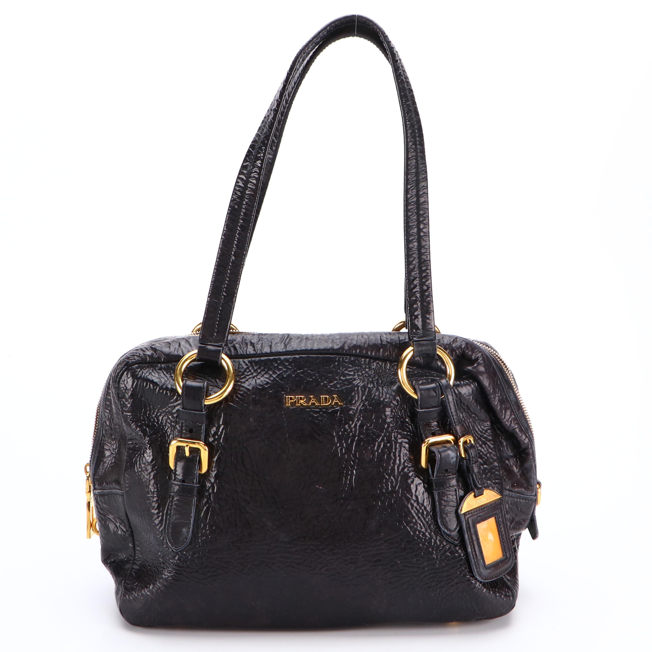 Prada Shoulder Bag in Black Crinkled Patent Leather