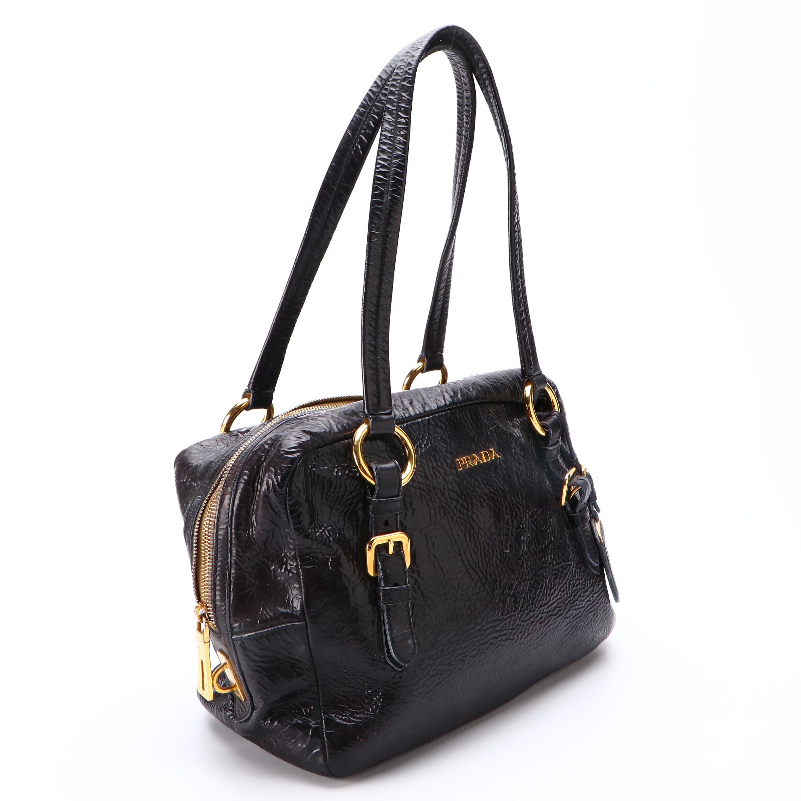 Prada Shoulder Bag in Black Crinkled Patent Leather