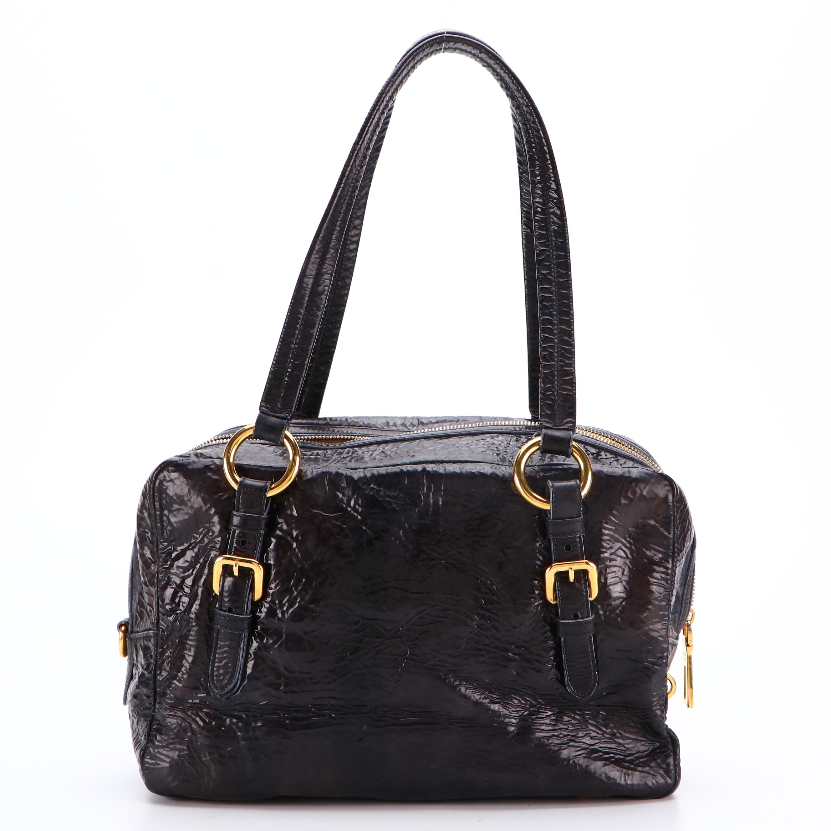 Prada Shoulder Bag in Black Crinkled Patent Leather