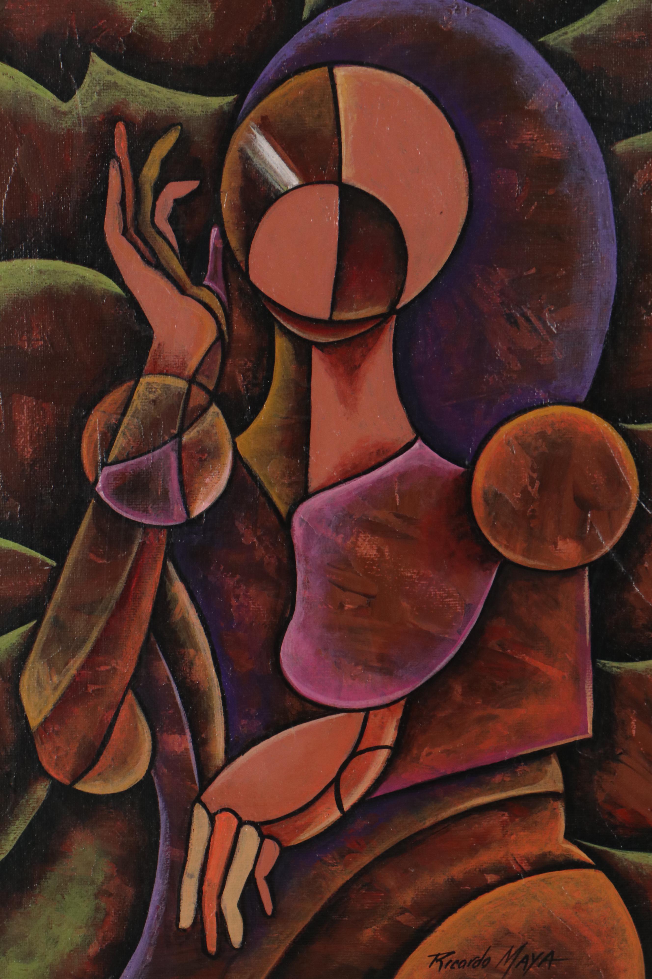 Ricardo Maya Cubist Style Acrylic Painting, 21st Century