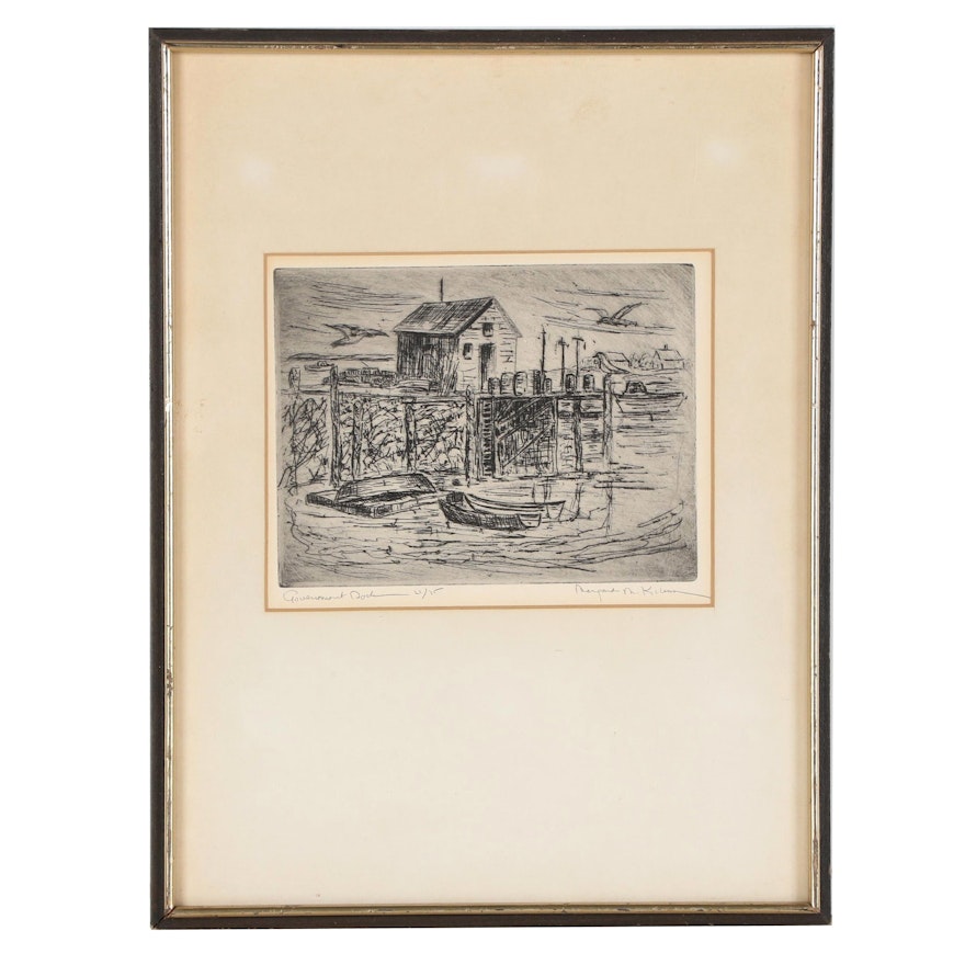 Landscape Etching "Government Dock," Mid-20th Century