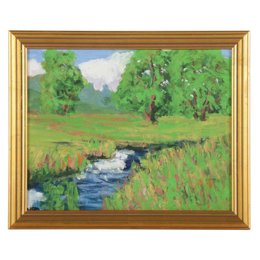 Kenneth R. Burnside Bucolic Stream Landscape Oil Painting, 21st Century