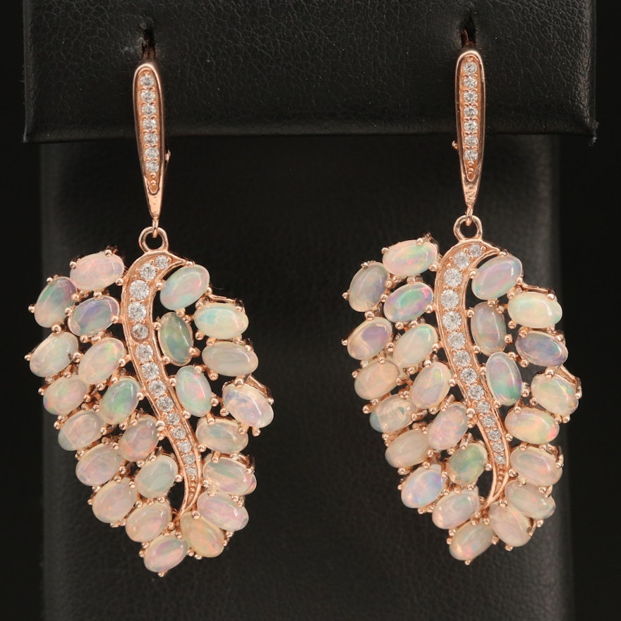 Sterling Silver Opal and Cubic Zirconia Leaf Earrings