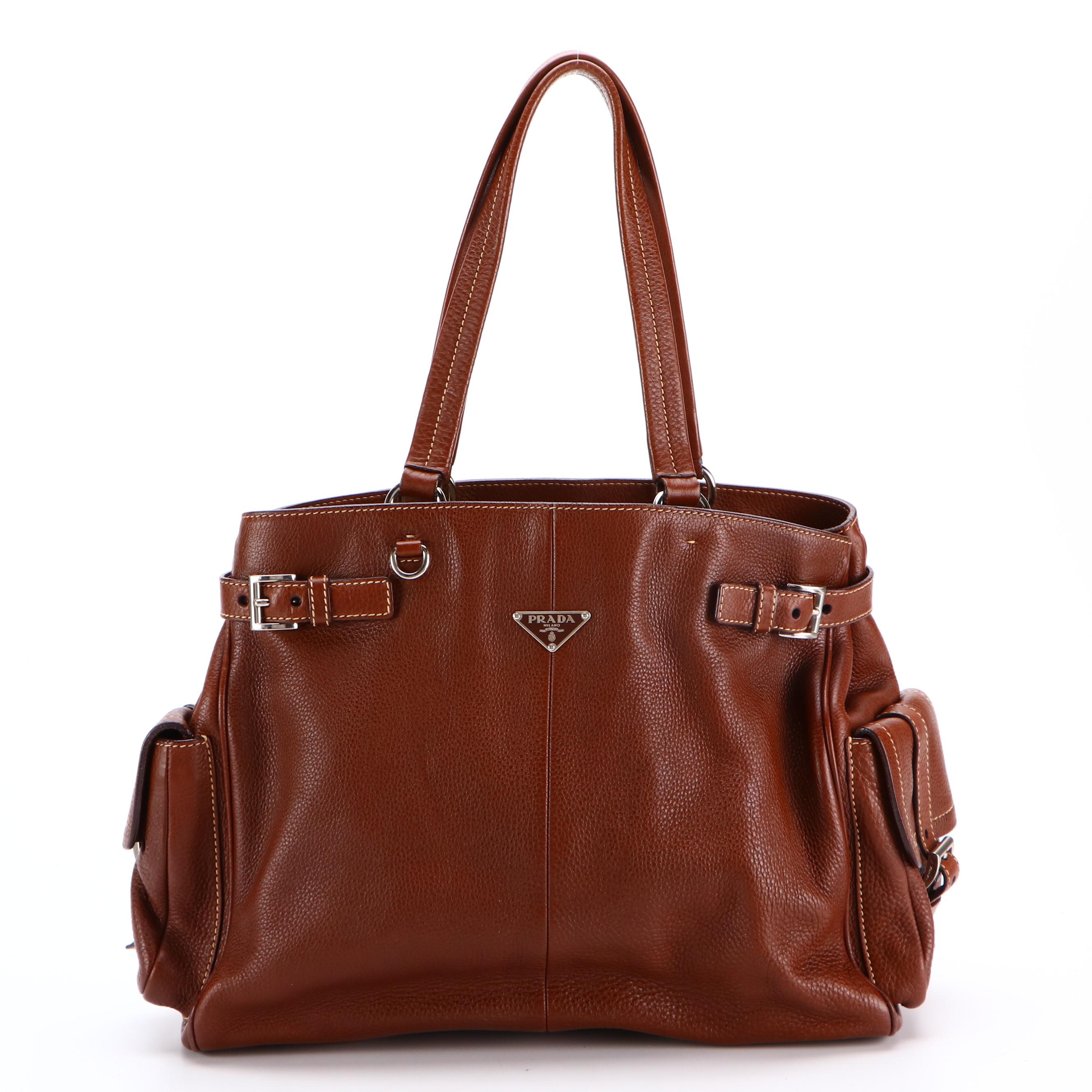 Prada Shoulder Tote Bag in Vitello Daino Leather with Two Exterior Flap Pockets