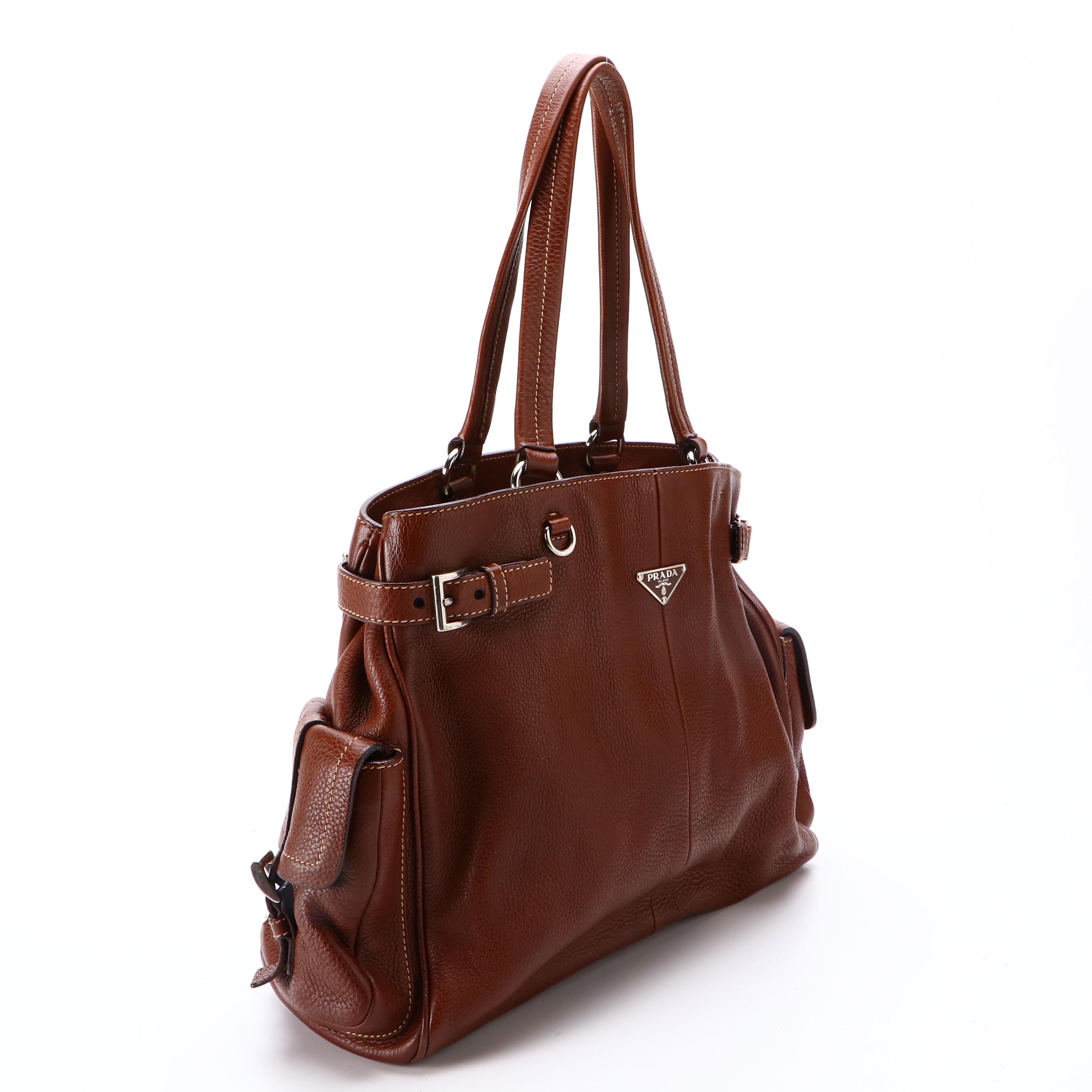 Prada Shoulder Tote Bag in Vitello Daino Leather with Two Exterior Flap Pockets