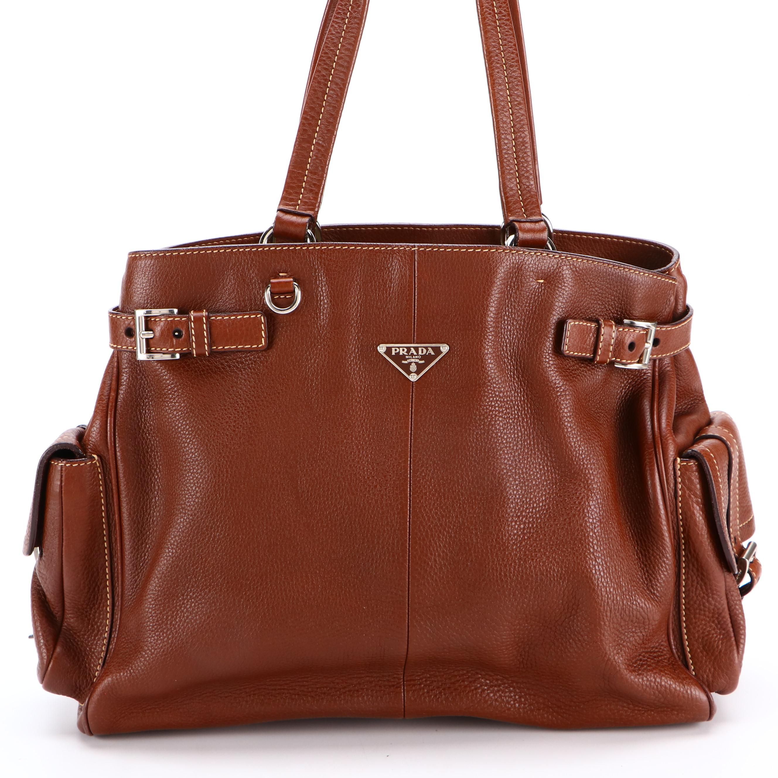 Prada Shoulder Tote Bag in Vitello Daino Leather with Two Exterior Flap Pockets