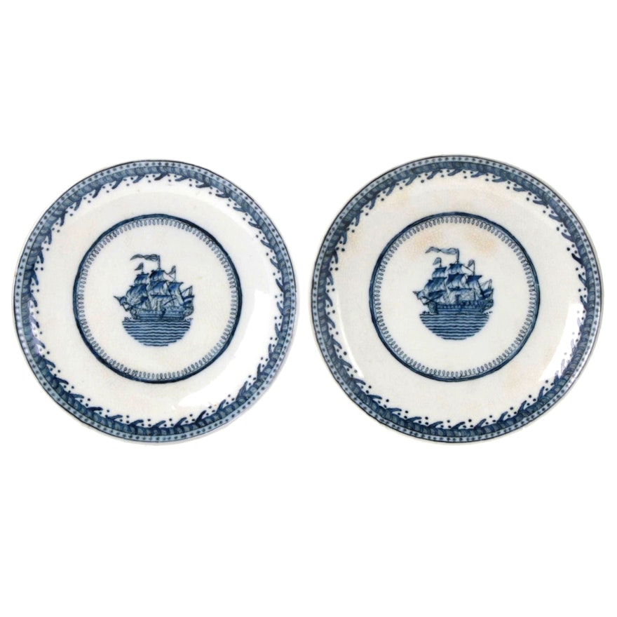 Chinese Export Blue and White Porcelain Ship Plates, 19th Century