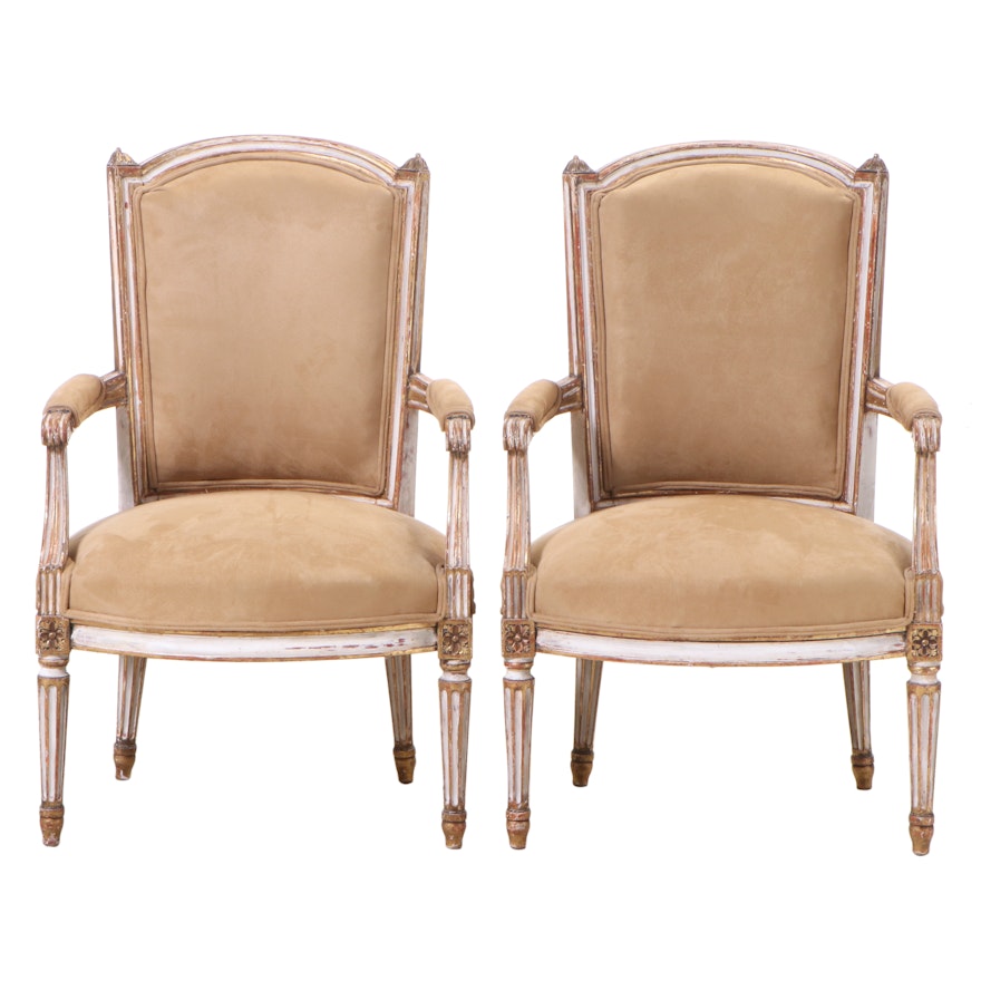 Pair of Louis XVI Style Painted and Parcel-Gilt Beech Fauteuils, 20th Century