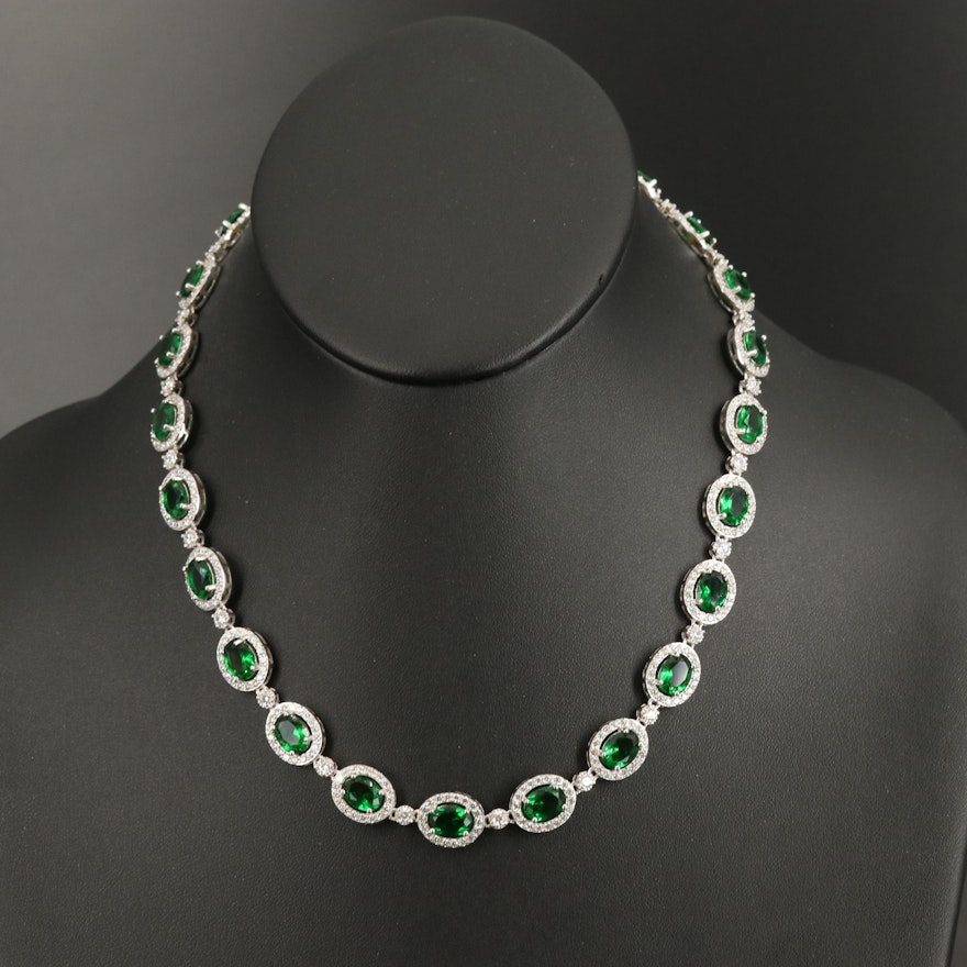 Sterling Oval Link Necklace with Glass and Cubic Zirconia