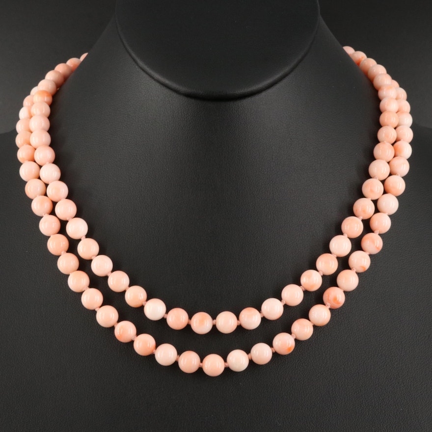 Double Strand Coral Beaded Necklace with 14K Diamond Clasp