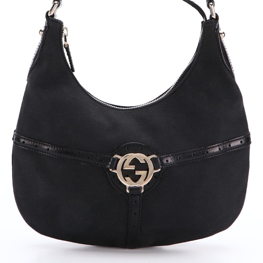 Gucci Reins Hobo Shoulder Bag in Black Canvas and Perforated Leather