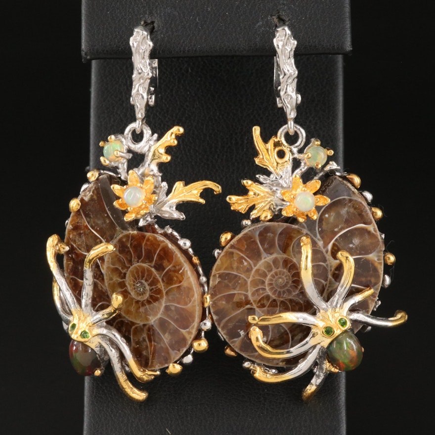 Sterling Ammonite Octopus Earrings with Opal and Diopside