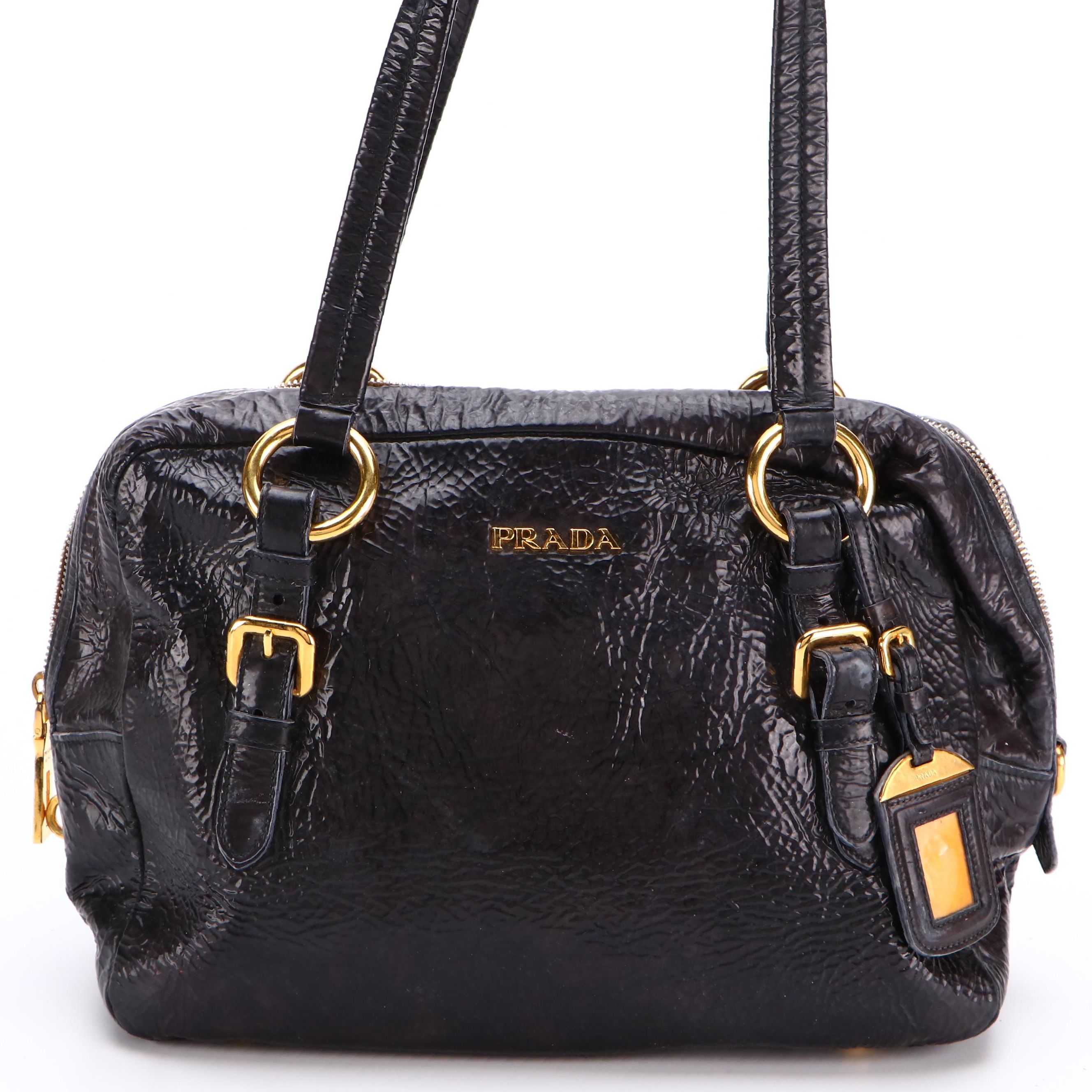 Prada Shoulder Bag in Black Crinkled Patent Leather