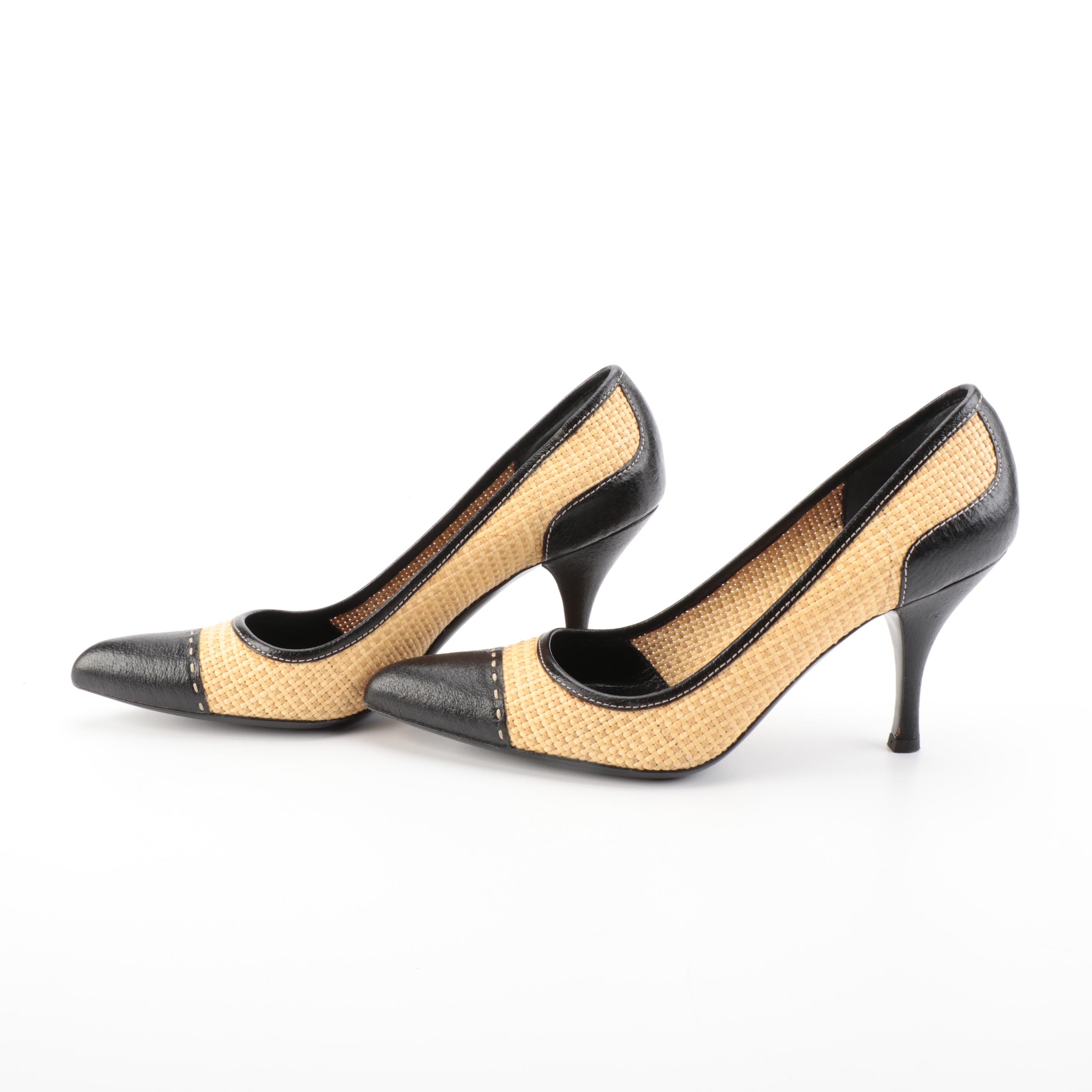 Prada Pointed Toe Pumps in Raffia and Leather with Box