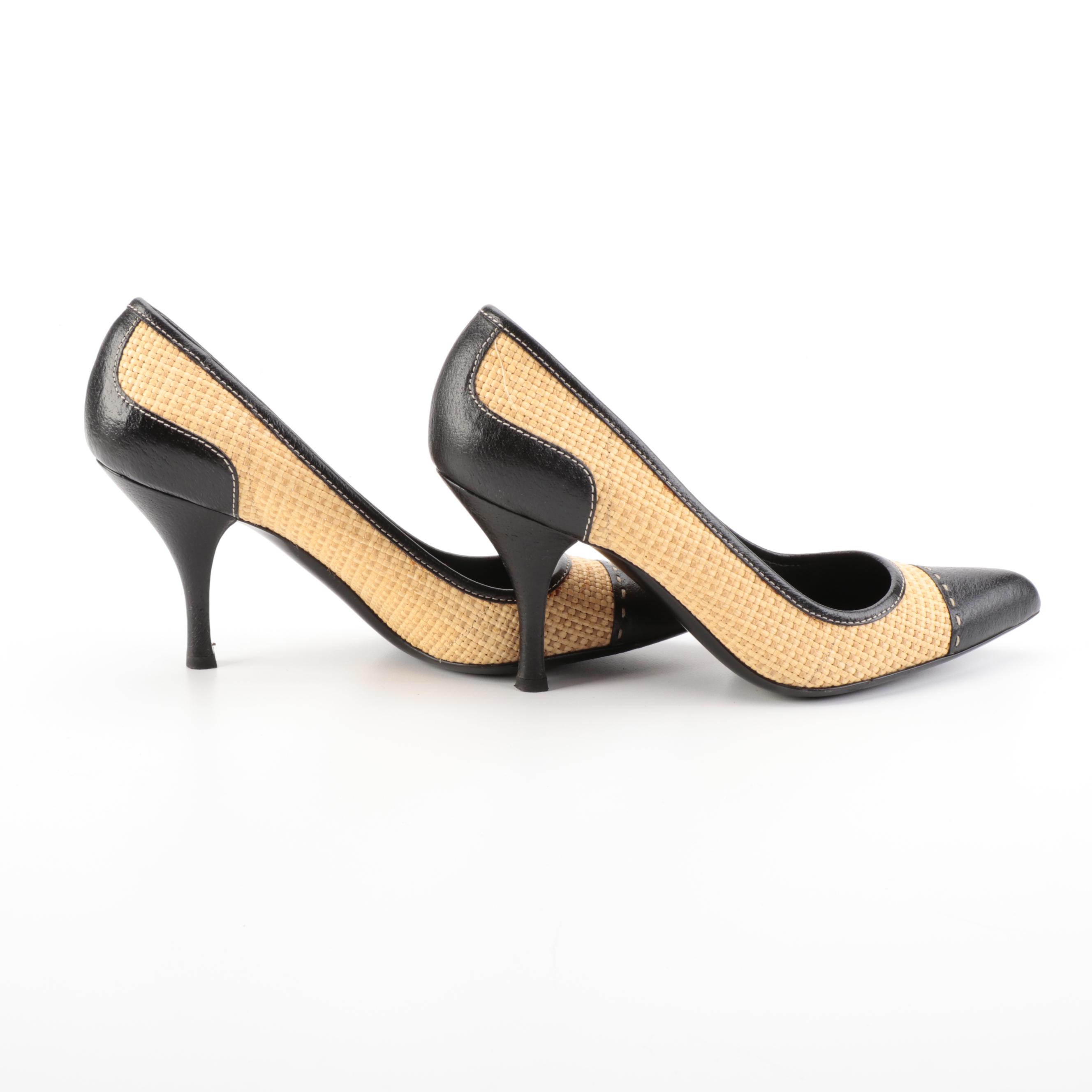Prada Pointed Toe Pumps in Raffia and Leather with Box