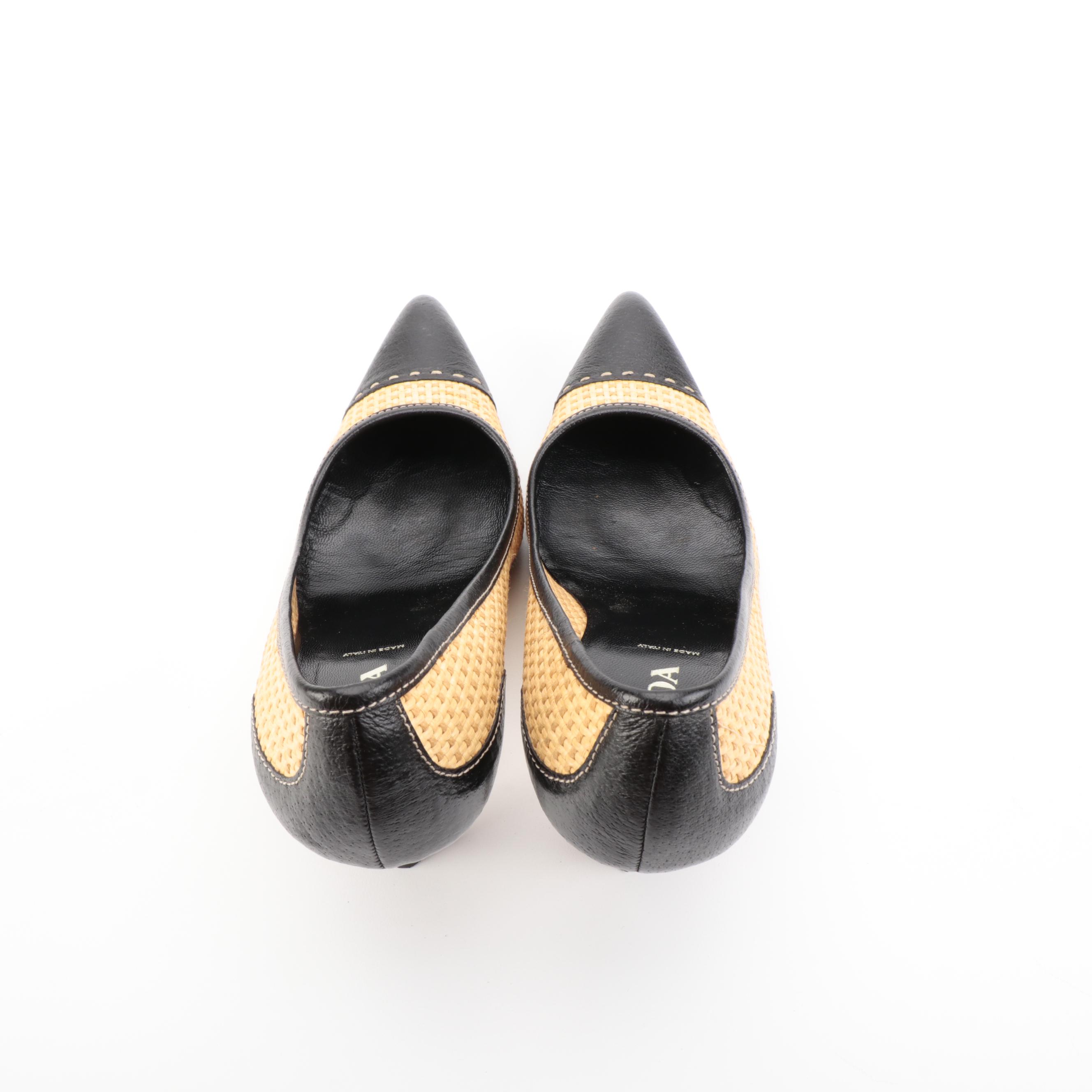 Prada Pointed Toe Pumps in Raffia and Leather with Box