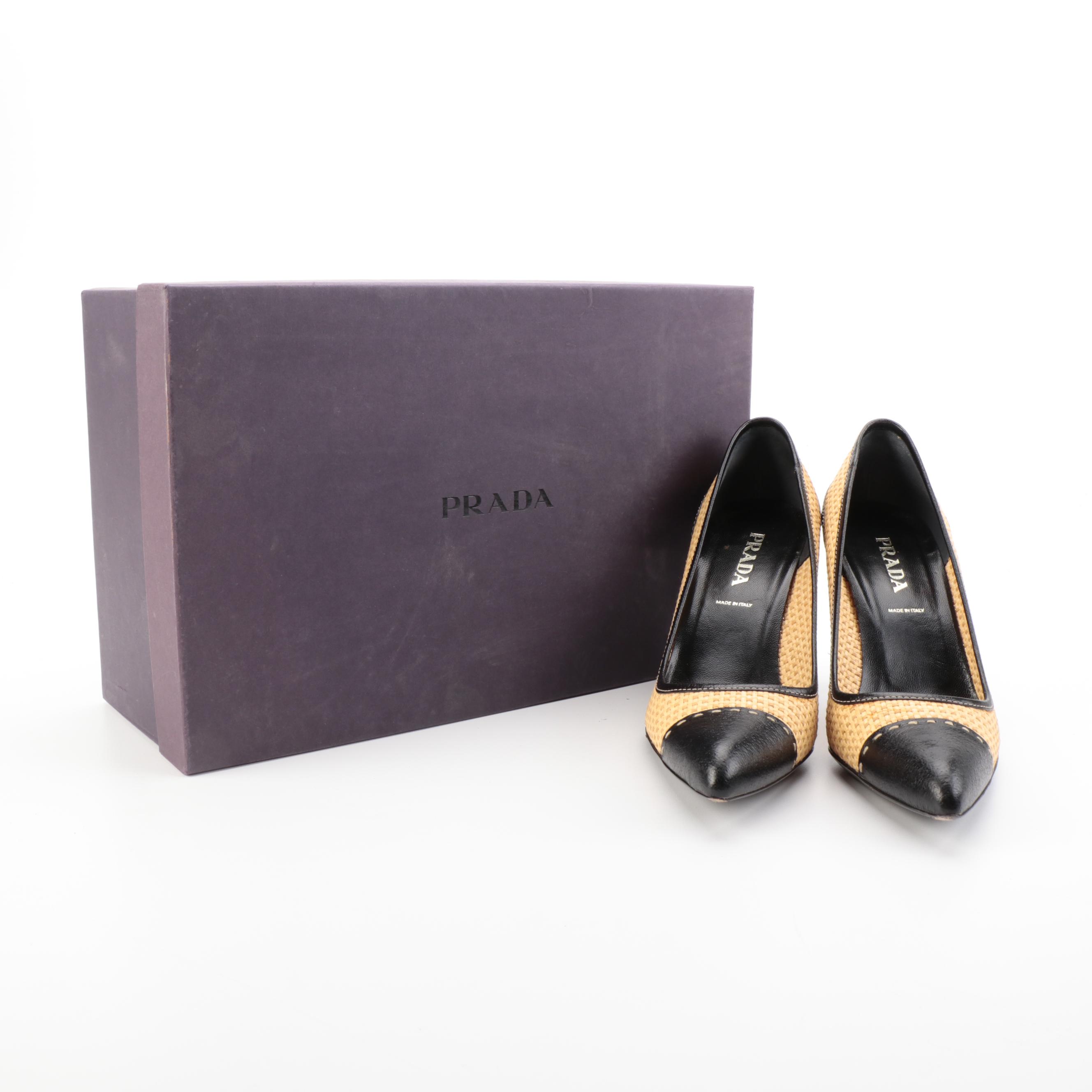 Prada Pointed Toe Pumps in Raffia and Leather with Box
