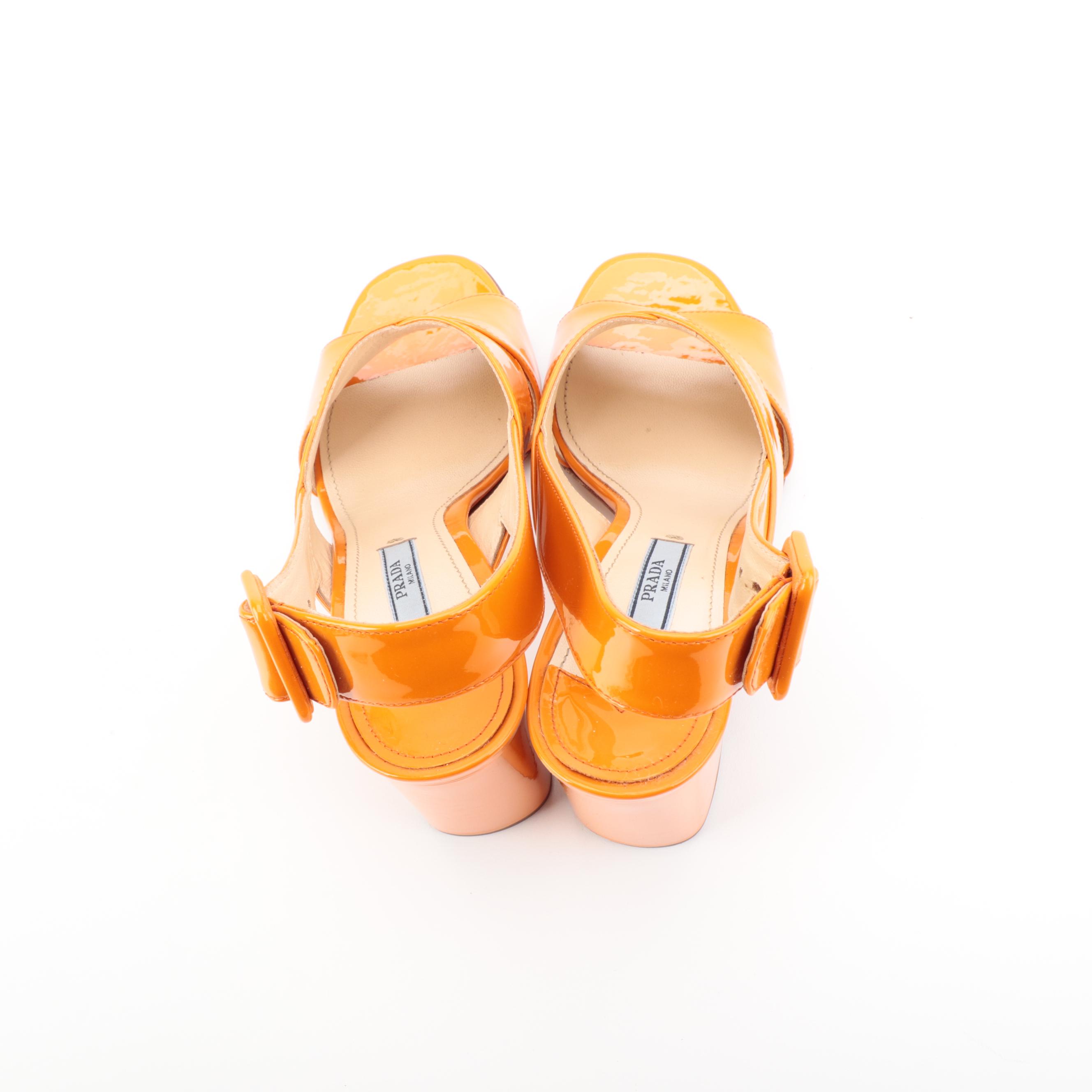 Prada Orange Patent Leather Sandals with Box