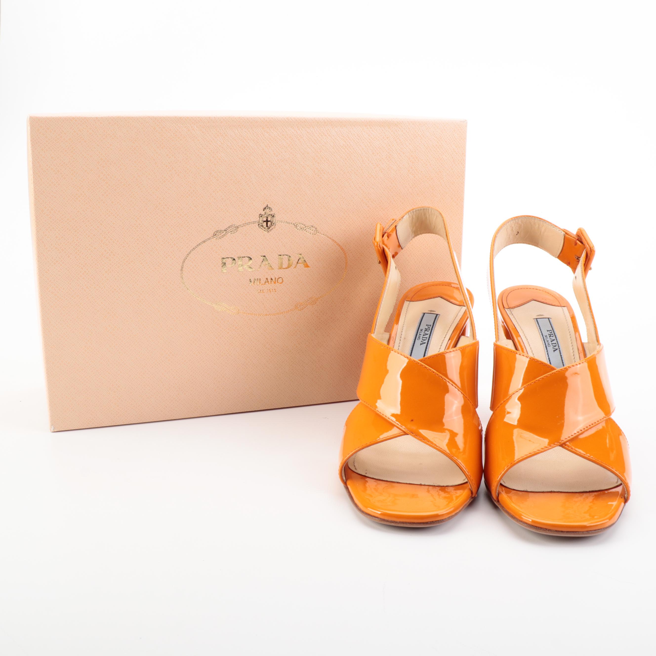 Prada Orange Patent Leather Sandals with Box