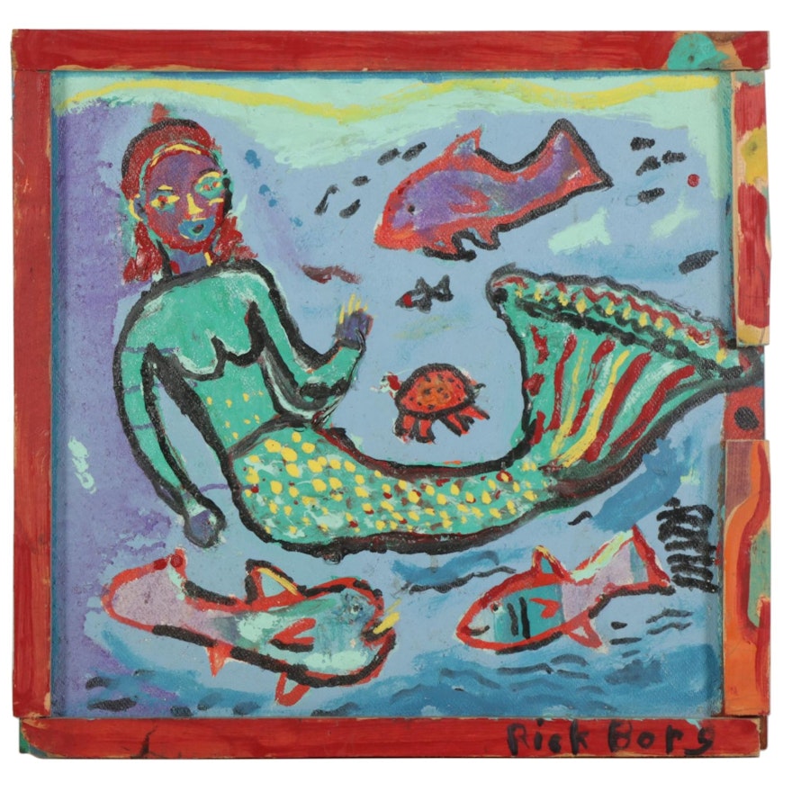 Rick Borg Folk Art Acrylic Painting "Mermaid," 2001