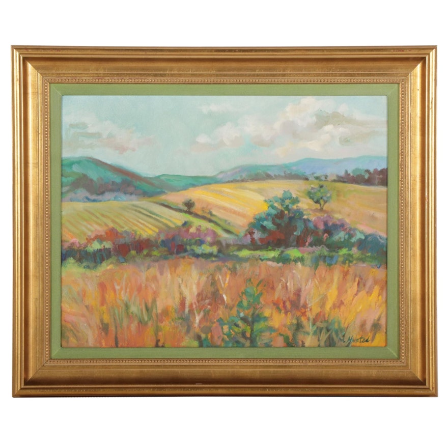 M. Husted Rolling Fields Landscape Oil Painting, Late 20th-21st Century