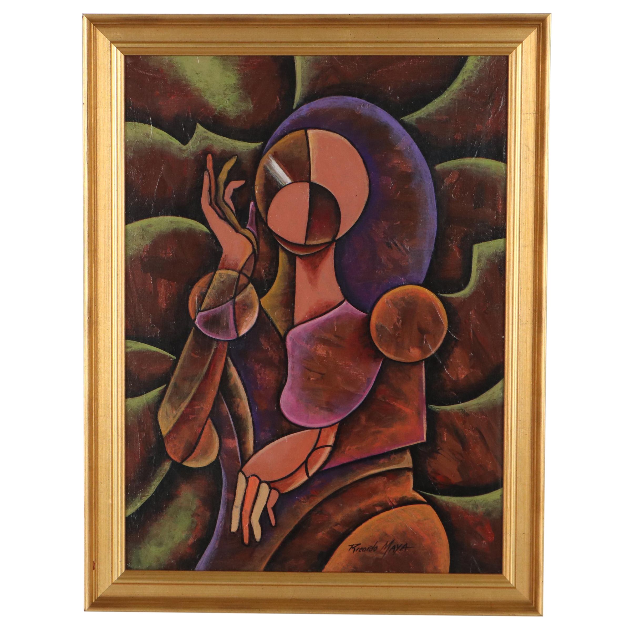 Ricardo Maya Cubist Style Acrylic Painting, 21st Century