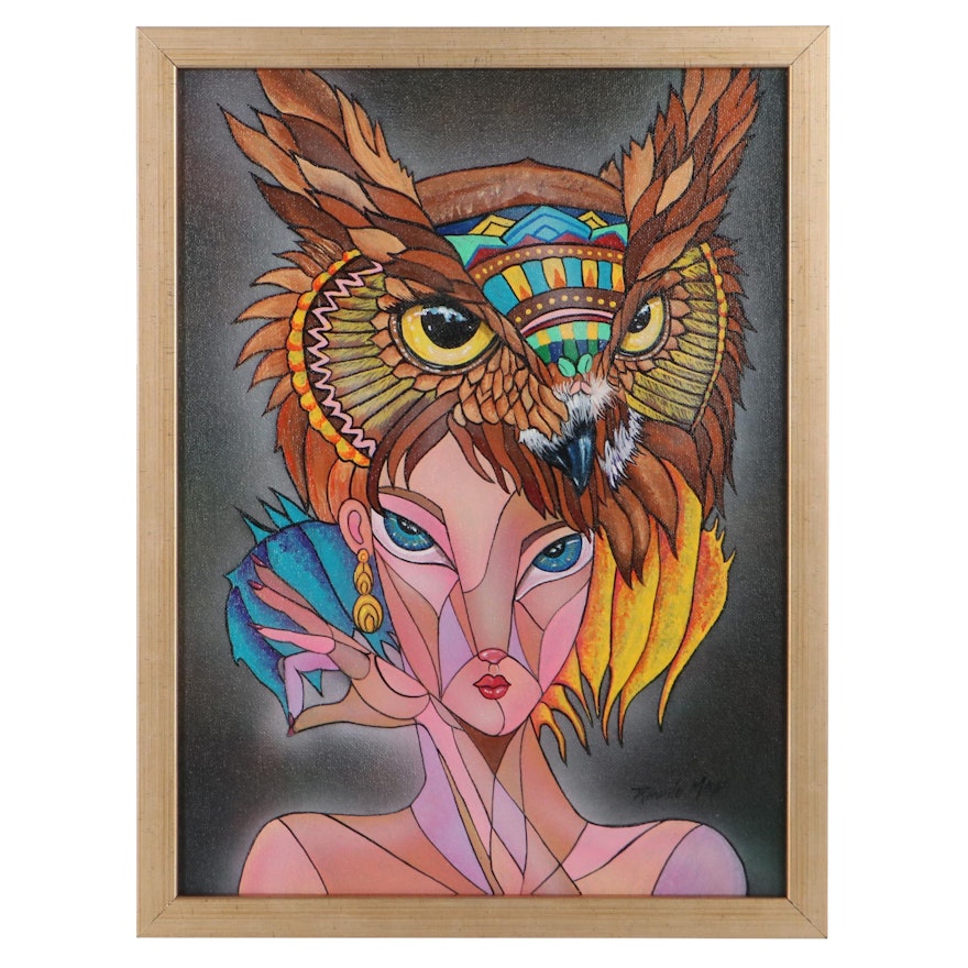 Ricardo Maya Abstract Acrylic Painting of Woman with Owl, 21st Century