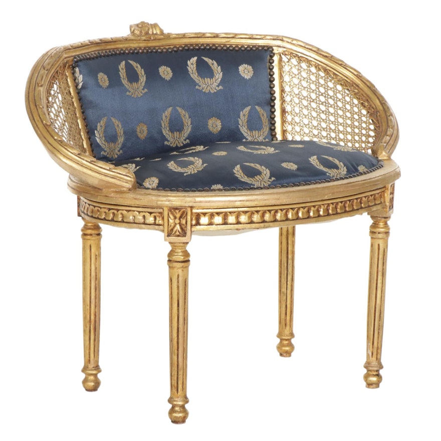 French Directoire Style Gilt Finish Upholstered Vanity Chair with Cane Accents