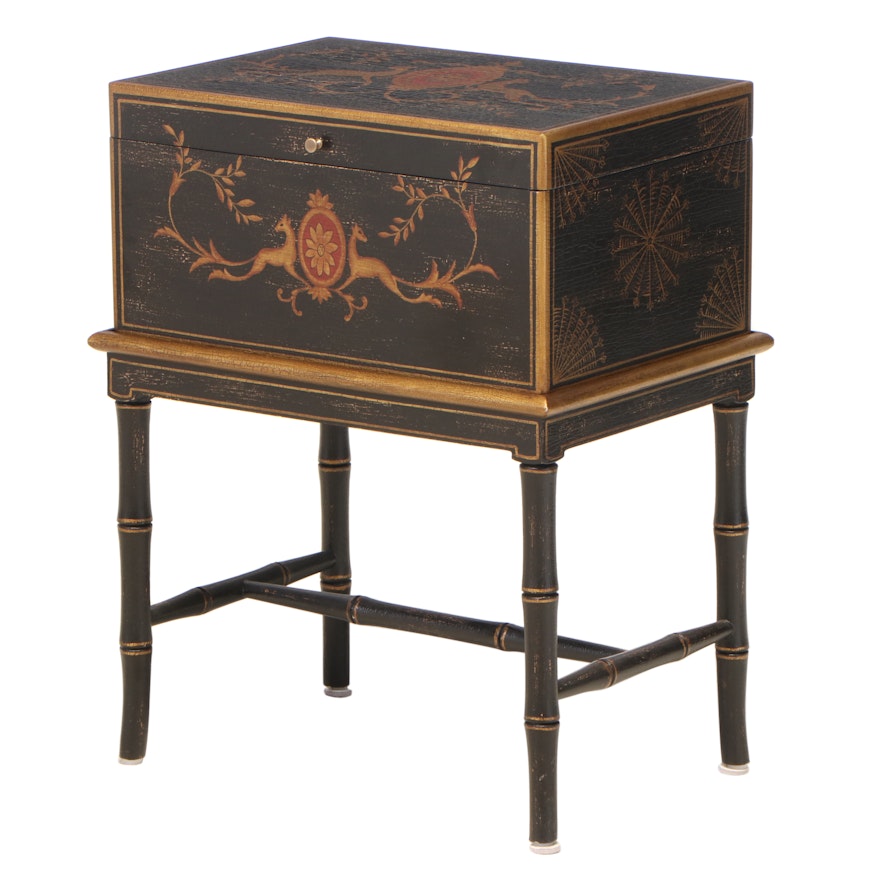 Harden Furniture Regency Style Ebonized and Gilt-Decorated Chest-on-Stand
