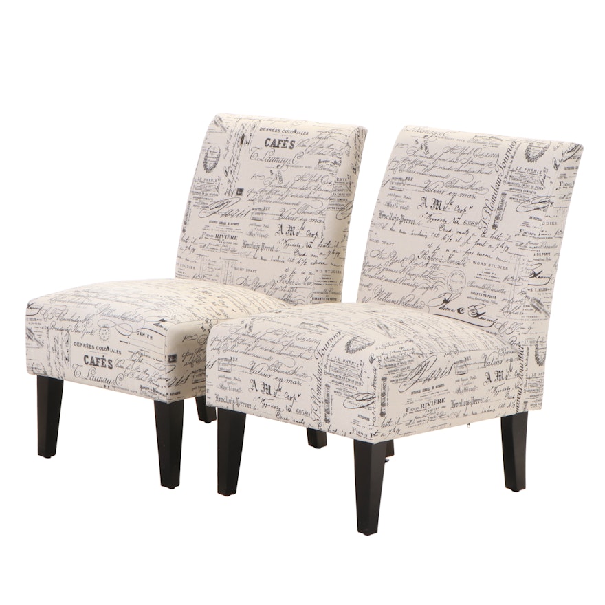 Pair of Contemporary Slipper Chairs in French Script Upholstery