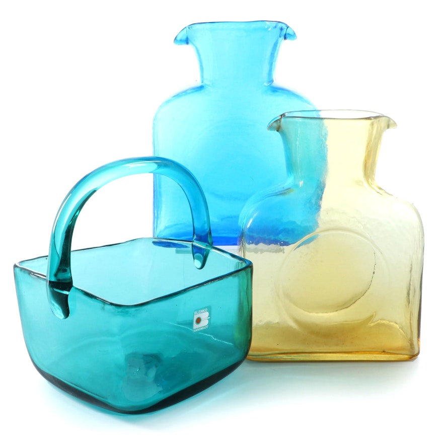 Blenko Handmade Glass Water Bottles and Basket