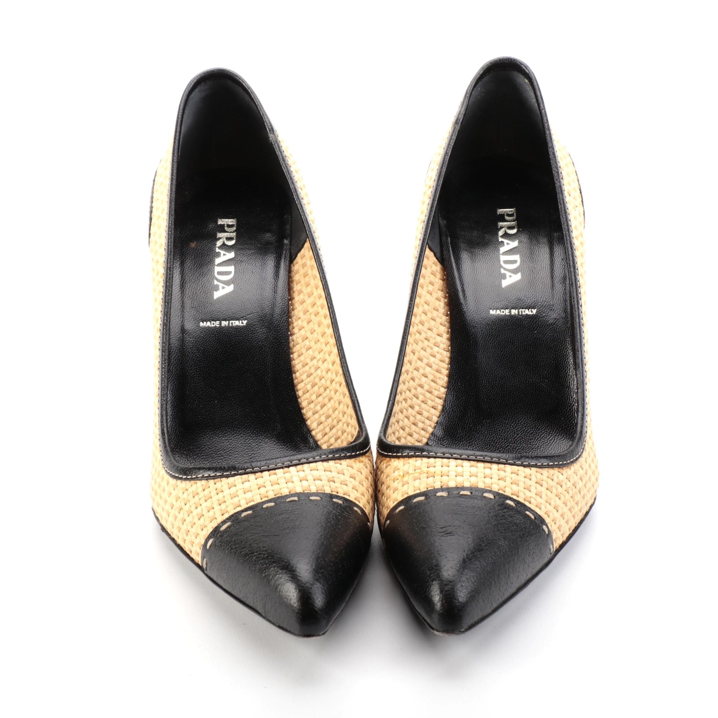 Prada Pointed Toe Pumps in Raffia and Leather with Box