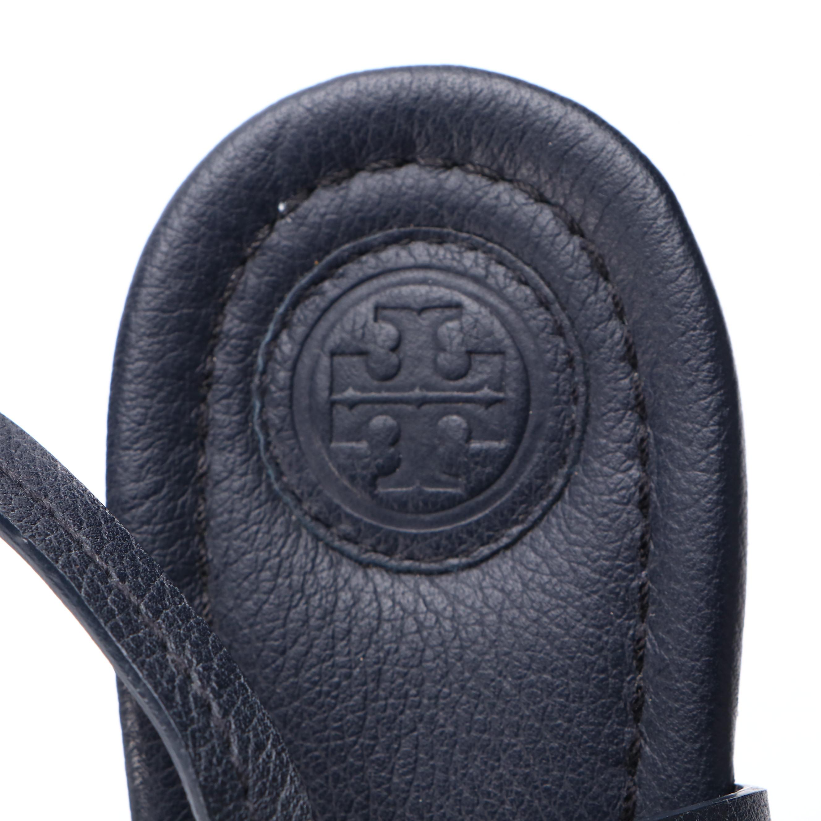 Tory Burch Logo T-Strap Wedge Sandals in Black Grained Leather