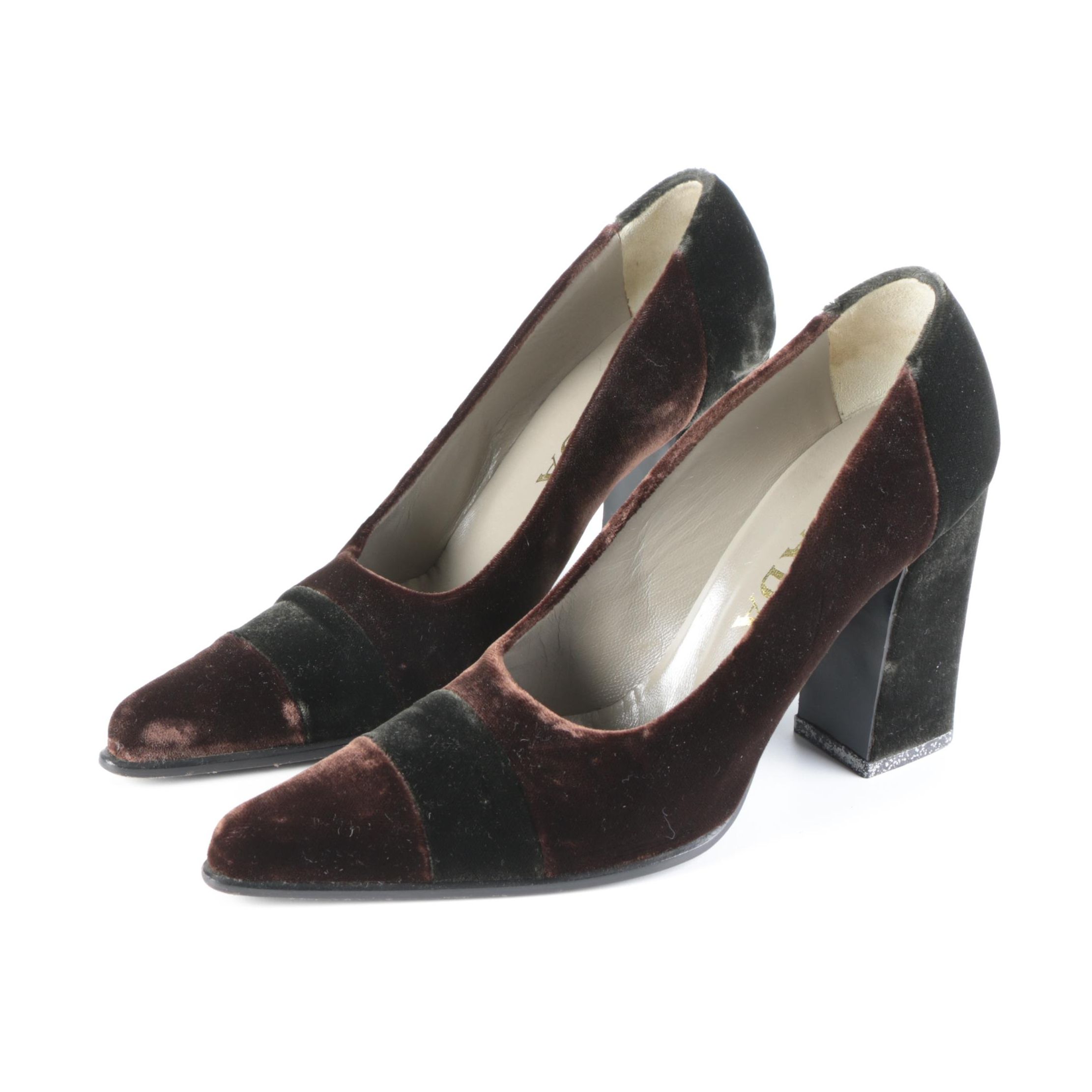 Prada Bicolor Velvet Pumps in Brown/Black with Box