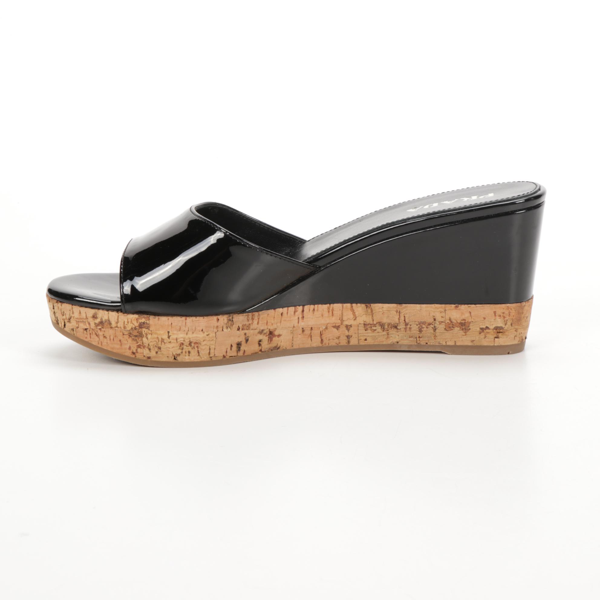 Prada Patent Leather Cork Wedge Sandals