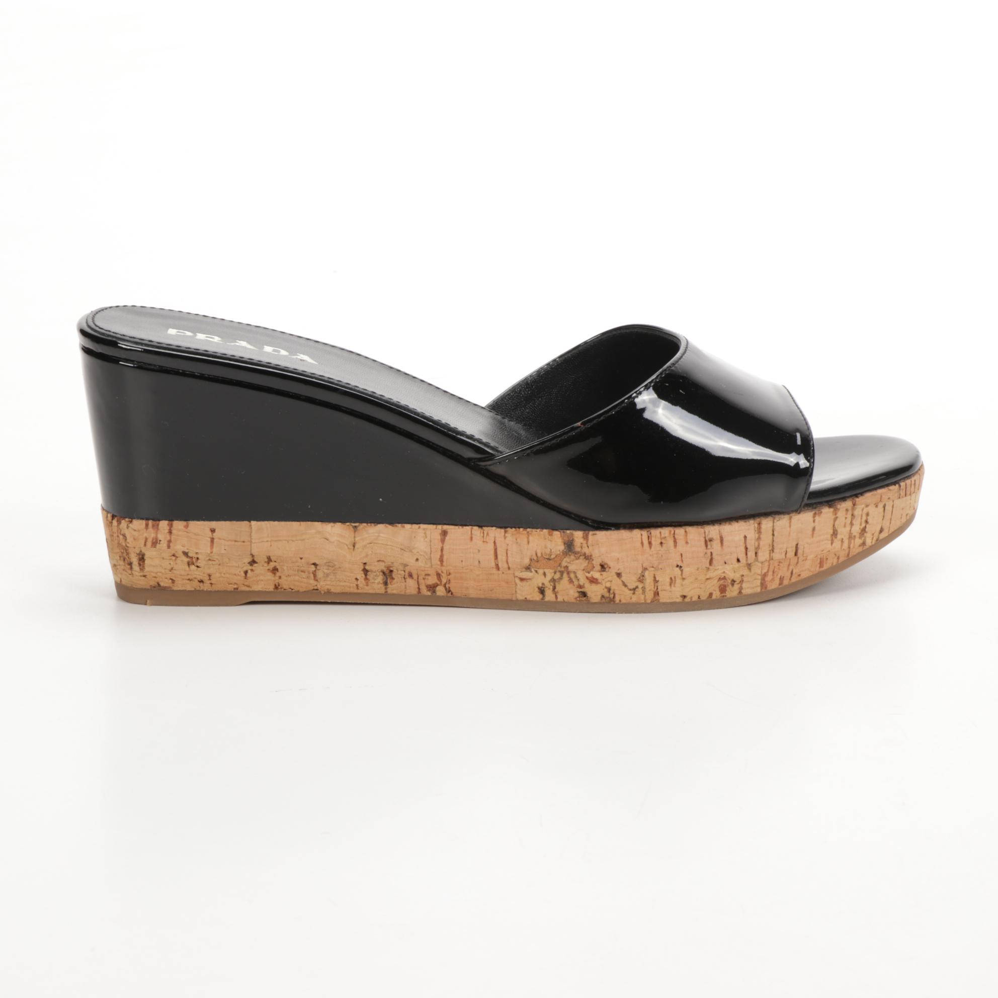 Prada Patent Leather Cork Wedge Sandals
