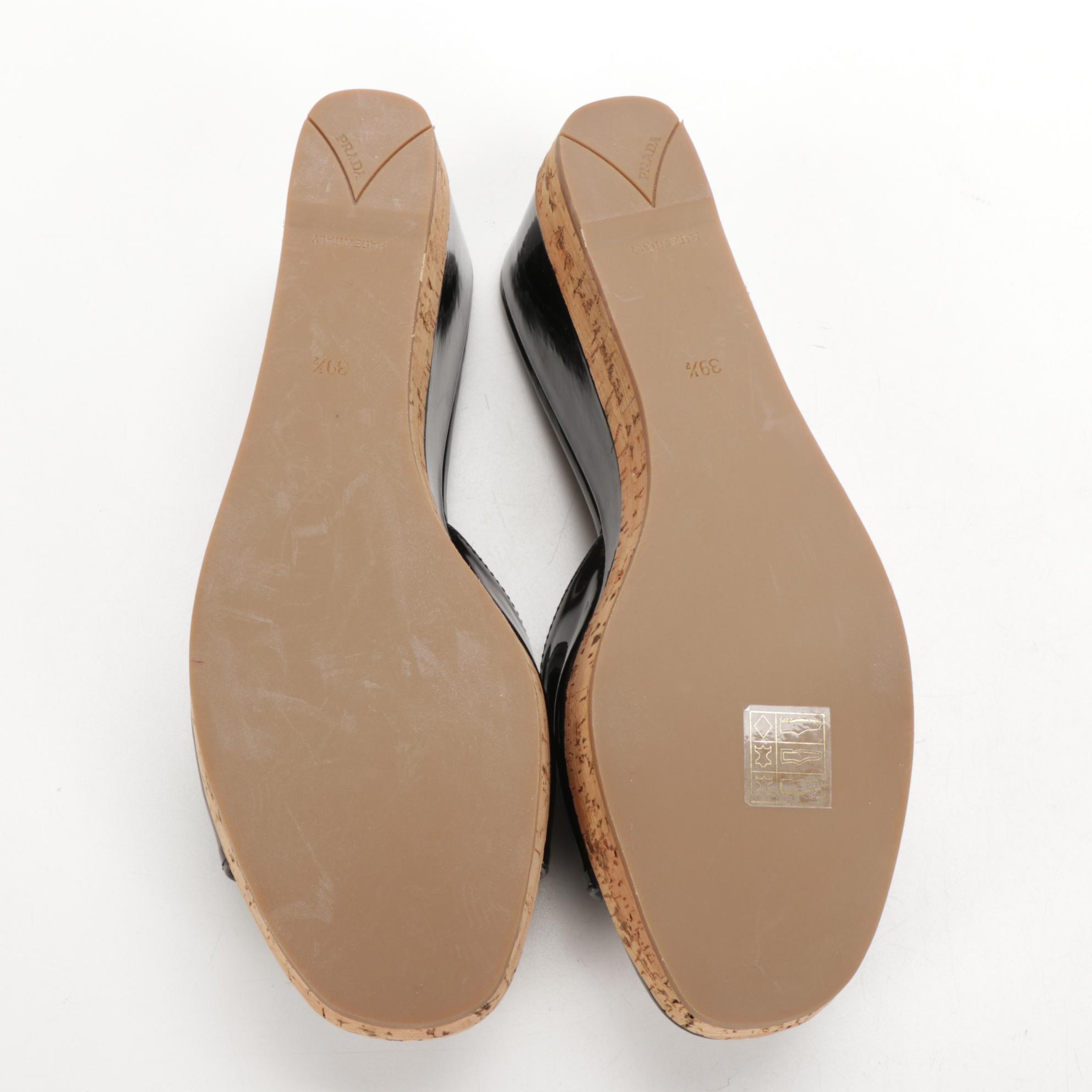 Prada Patent Leather Cork Wedge Sandals