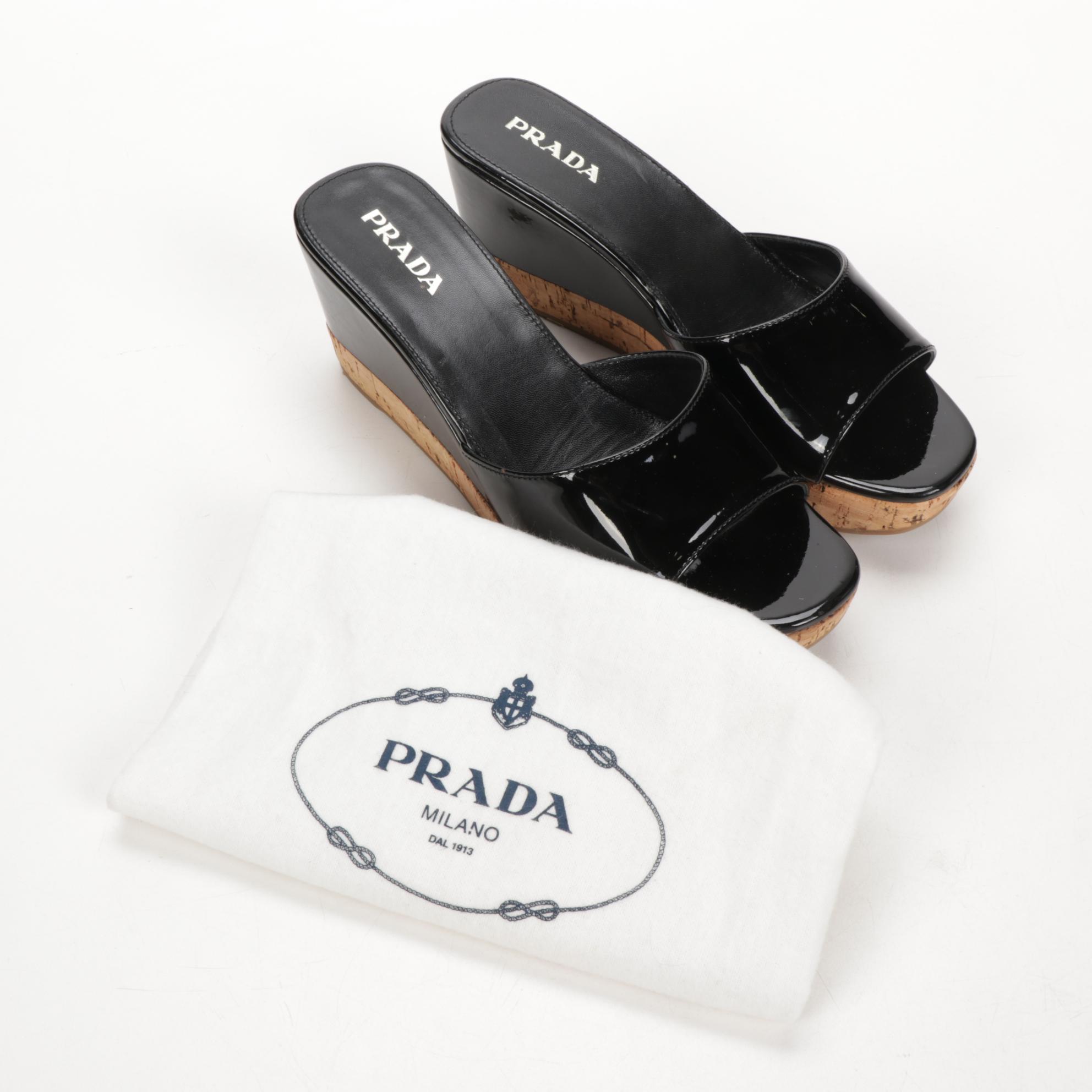 Prada Patent Leather Cork Wedge Sandals