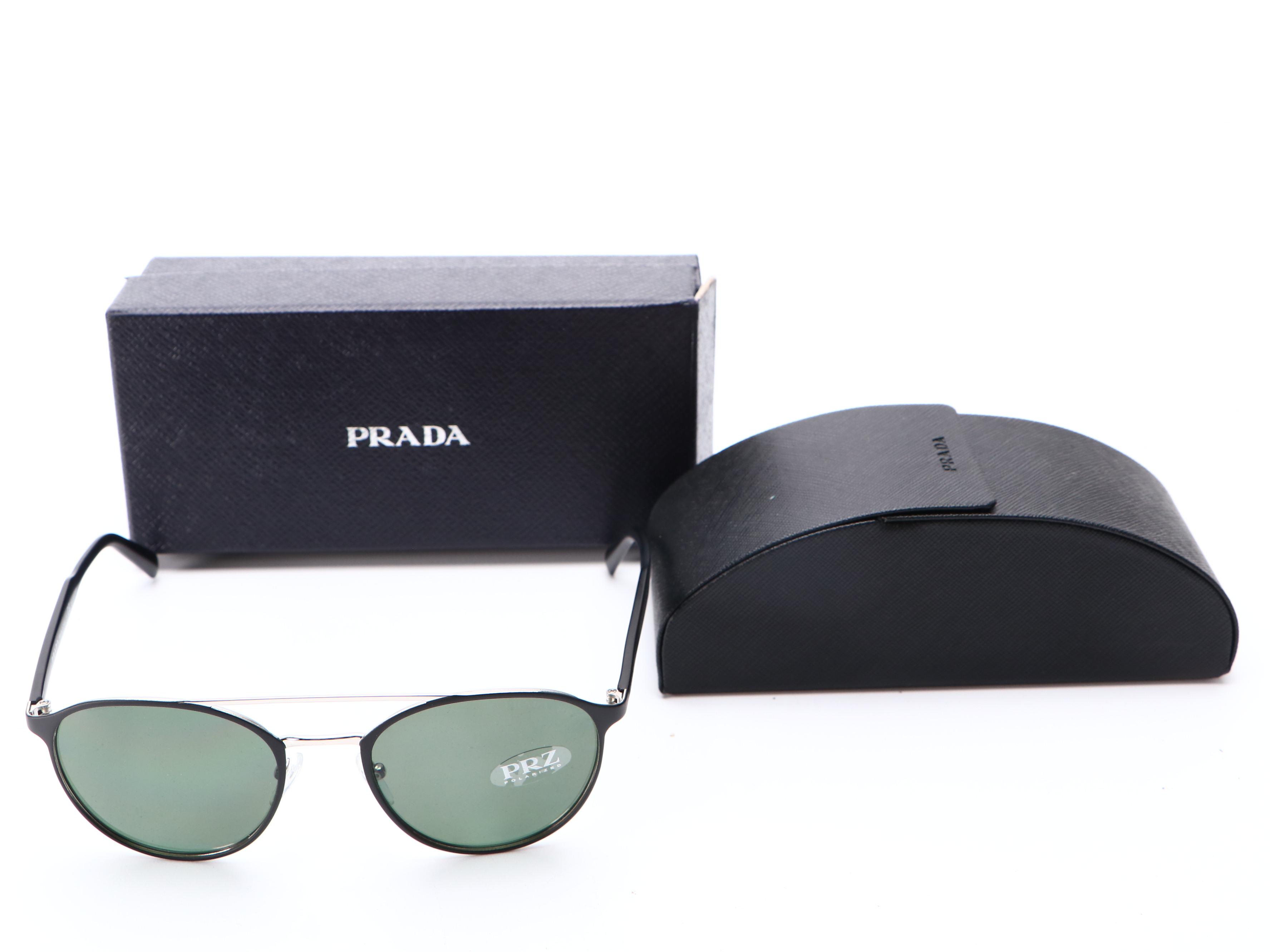 Prada SPR62T Matte Black Metal and Silver Frame Sunglasses with Polarized Lenses