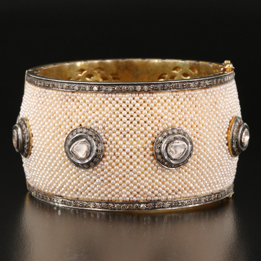 Wide Sterling Seed Pearl and 4.00 CTW Diamond Hinged Bangle with Diamond Studs