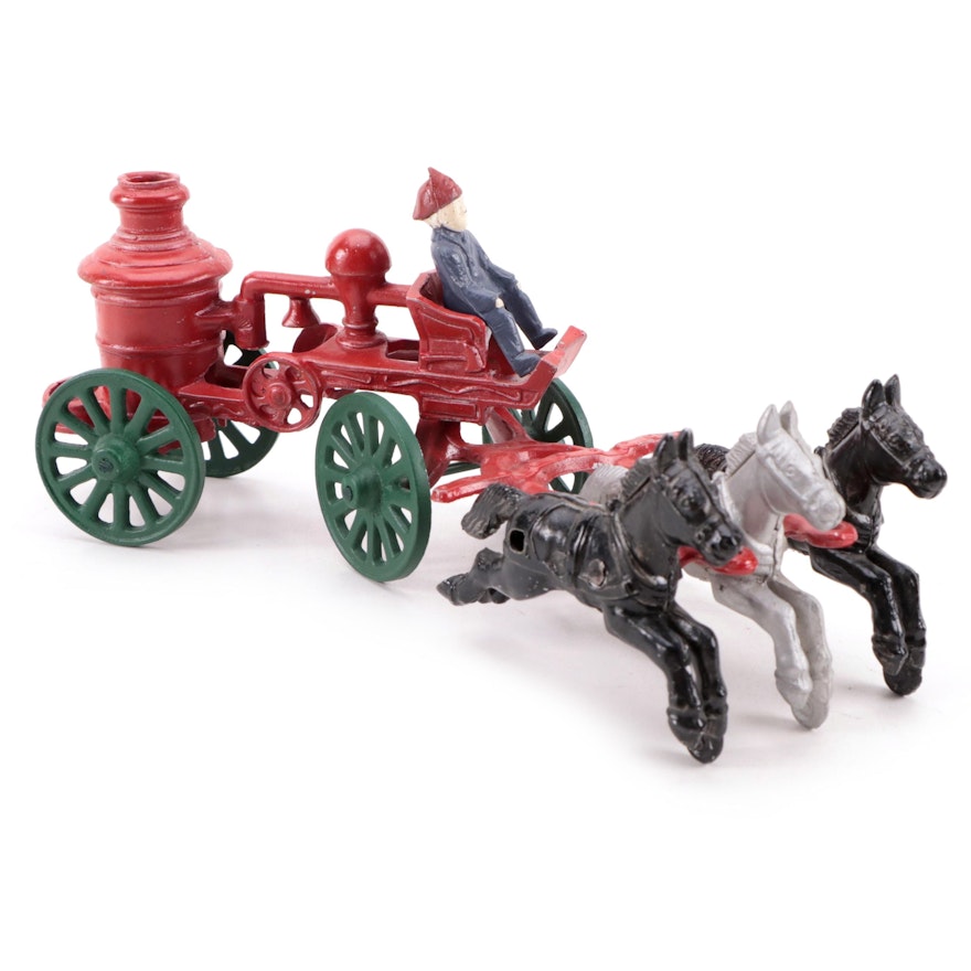 Stanley Toys Painted Cast Aluminum Horse Drawn Firetruck Toy, 1940s