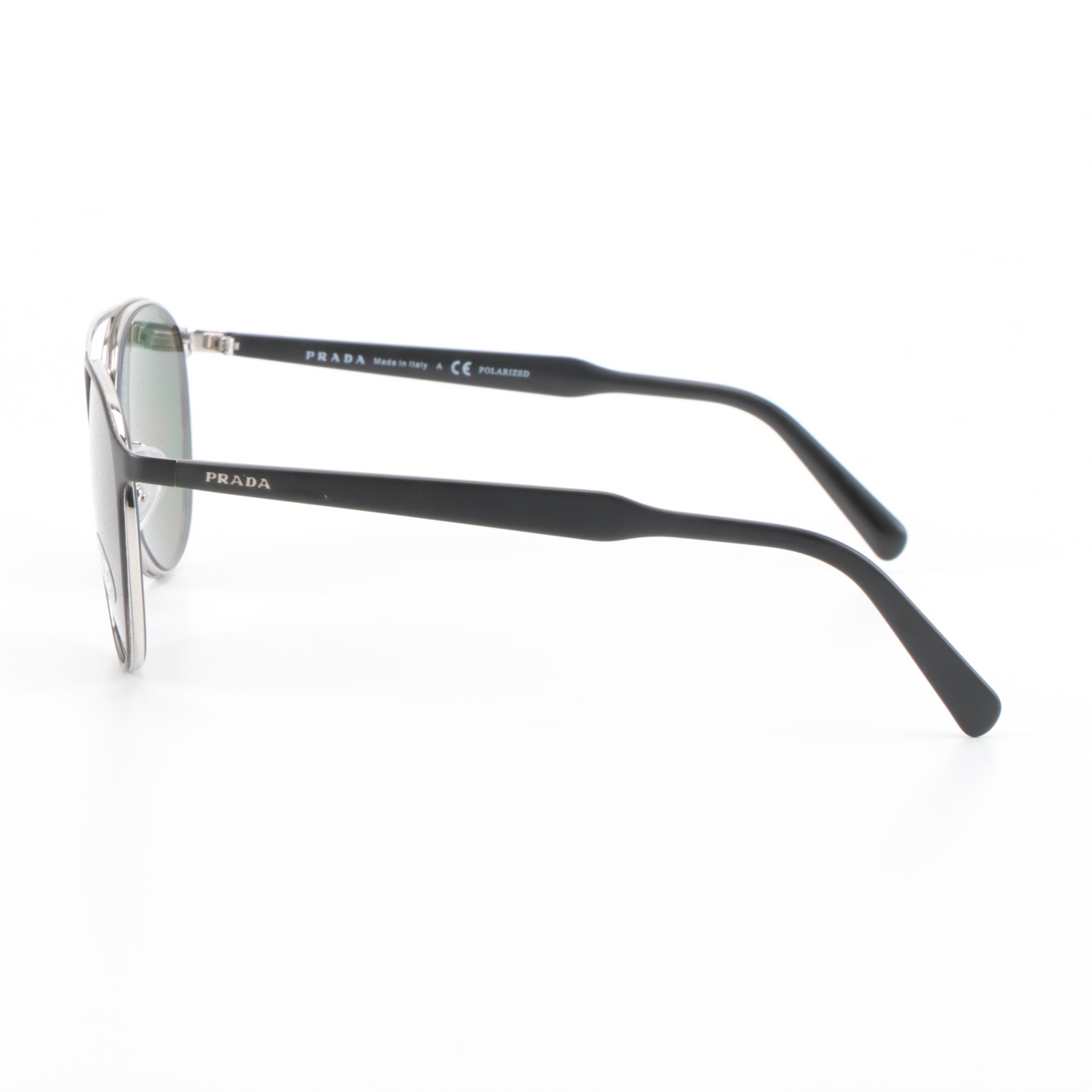 Prada SPR62T Matte Black Metal and Silver Frame Polarized Lens Sunglasses