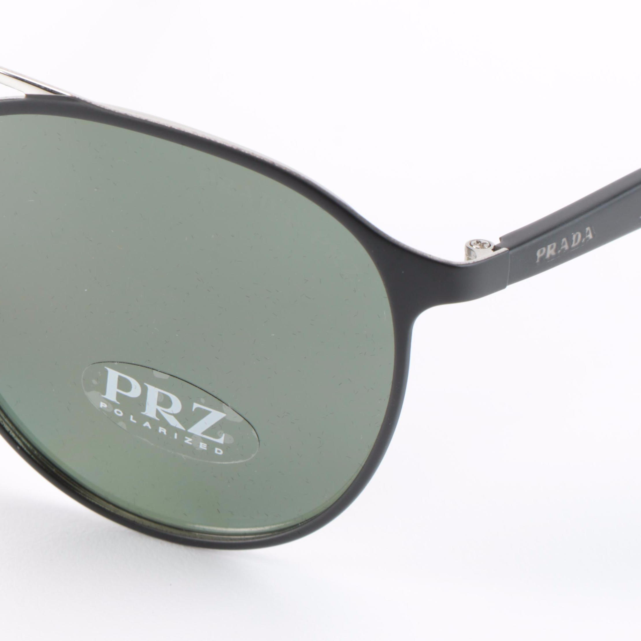 Prada SPR62T Matte Black Metal and Silver Frame Polarized Lens Sunglasses