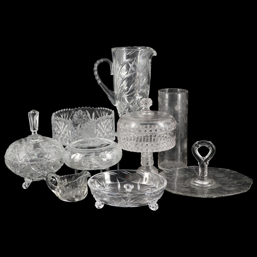 EAPG Block and Diamond Jelly Compote and Other Cut and Etched Glass Tableware
