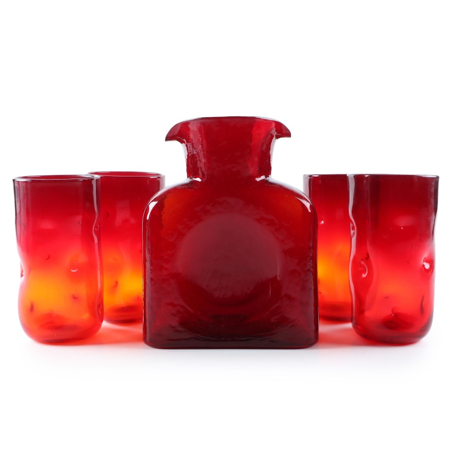 Blenko Ruby Glass Water Bottle and Tangerine Dimple Tumblers
