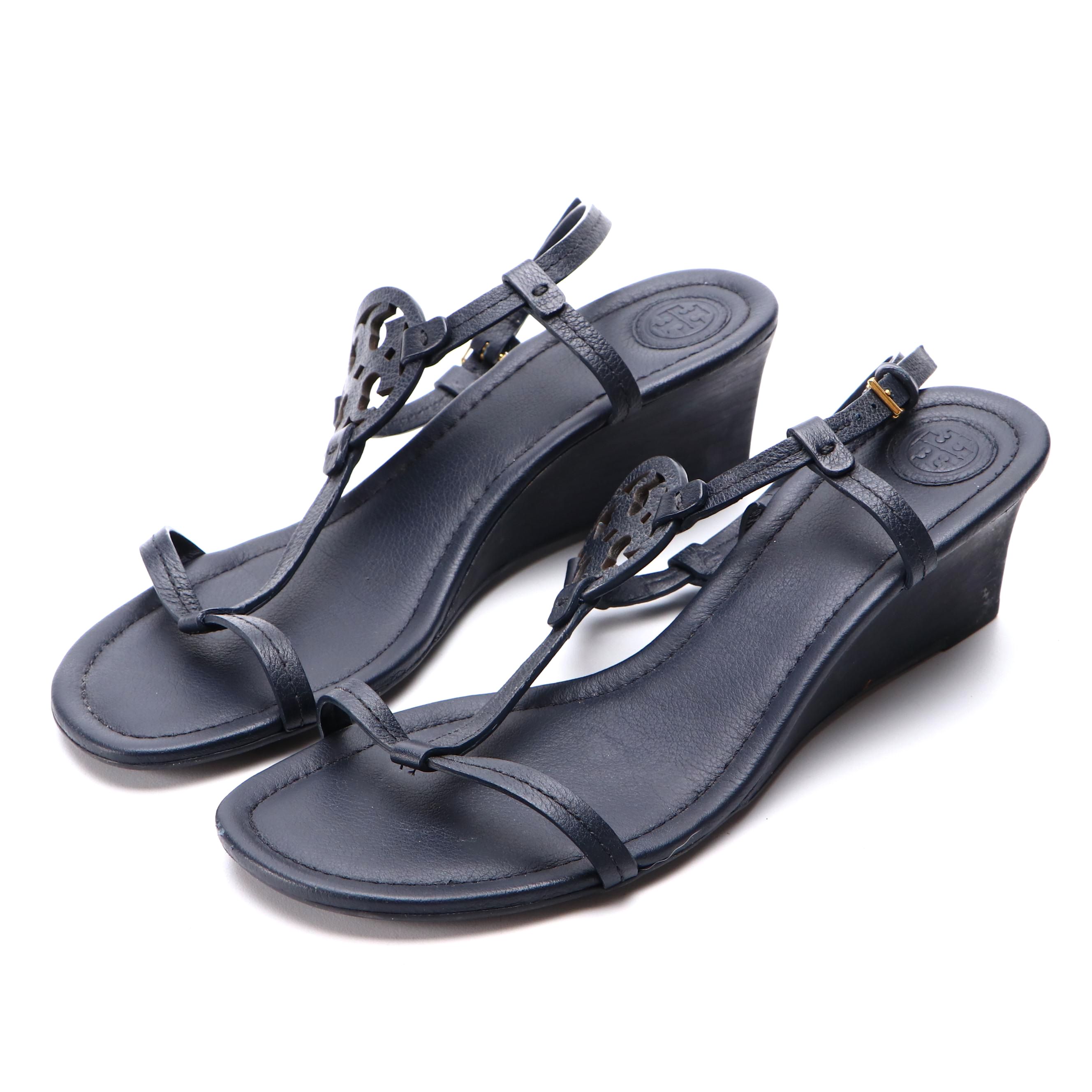 Tory Burch Logo T-Strap Wedge Sandals in Black Grained Leather